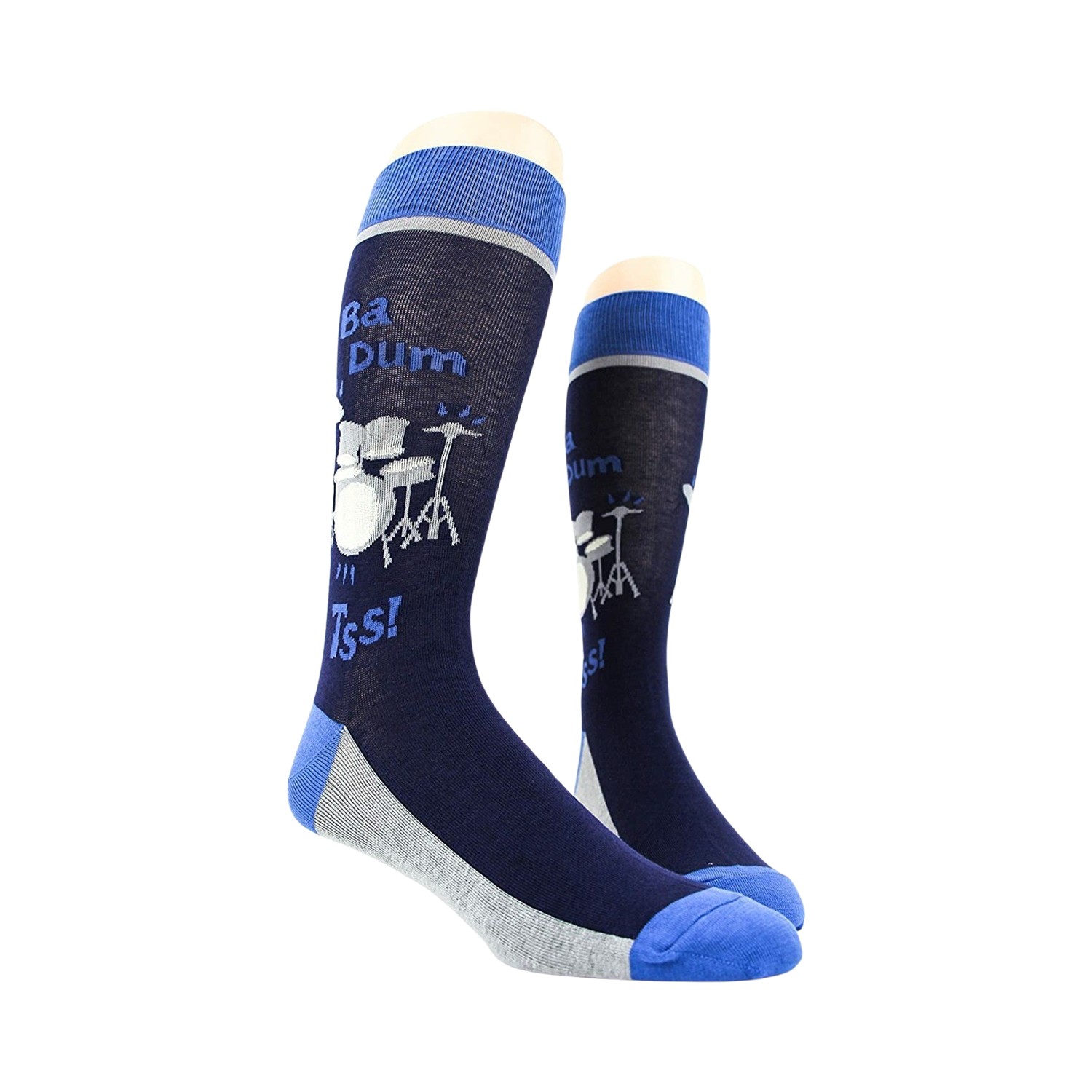 Lifestyle shot of two 'Drum Set' socks on a mannequin, showing the full design.