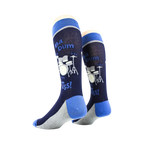 Rear view of two 'Drum Set' socks on a mannequin, showcasing the back of the sock design.