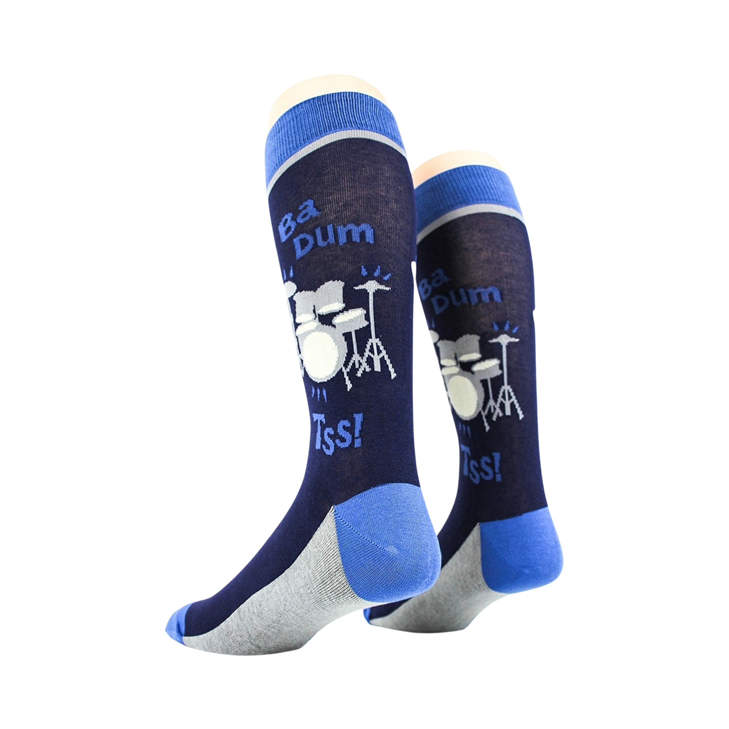 Rear view of two 'Drum Set' socks on a mannequin, showcasing the back of the sock design.