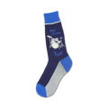 A pair of navy blue and gray crew socks with a fun illustration of a drum set and the words 'Ba Dum Tss!'