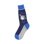 A pair of navy blue and gray crew socks with a fun illustration of a drum set and the words 'Ba Dum Tss!'