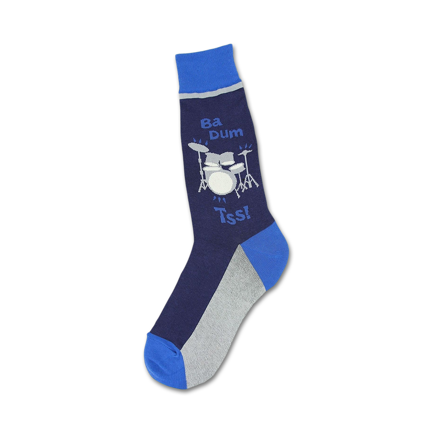 A pair of navy blue and gray crew socks with a fun illustration of a drum set and the words 'Ba Dum Tss!'