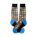 A pair of gray crew socks with colorful emoji designs.  The socks feature blue and black accents.
