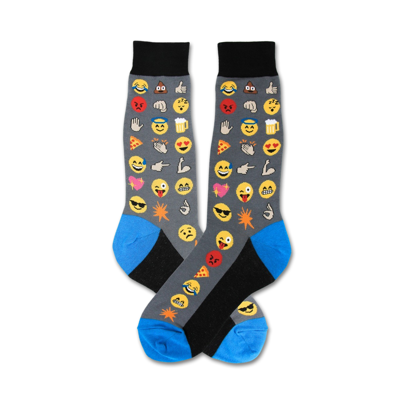 A pair of gray crew socks with colorful emoji designs.  The socks feature blue and black accents.