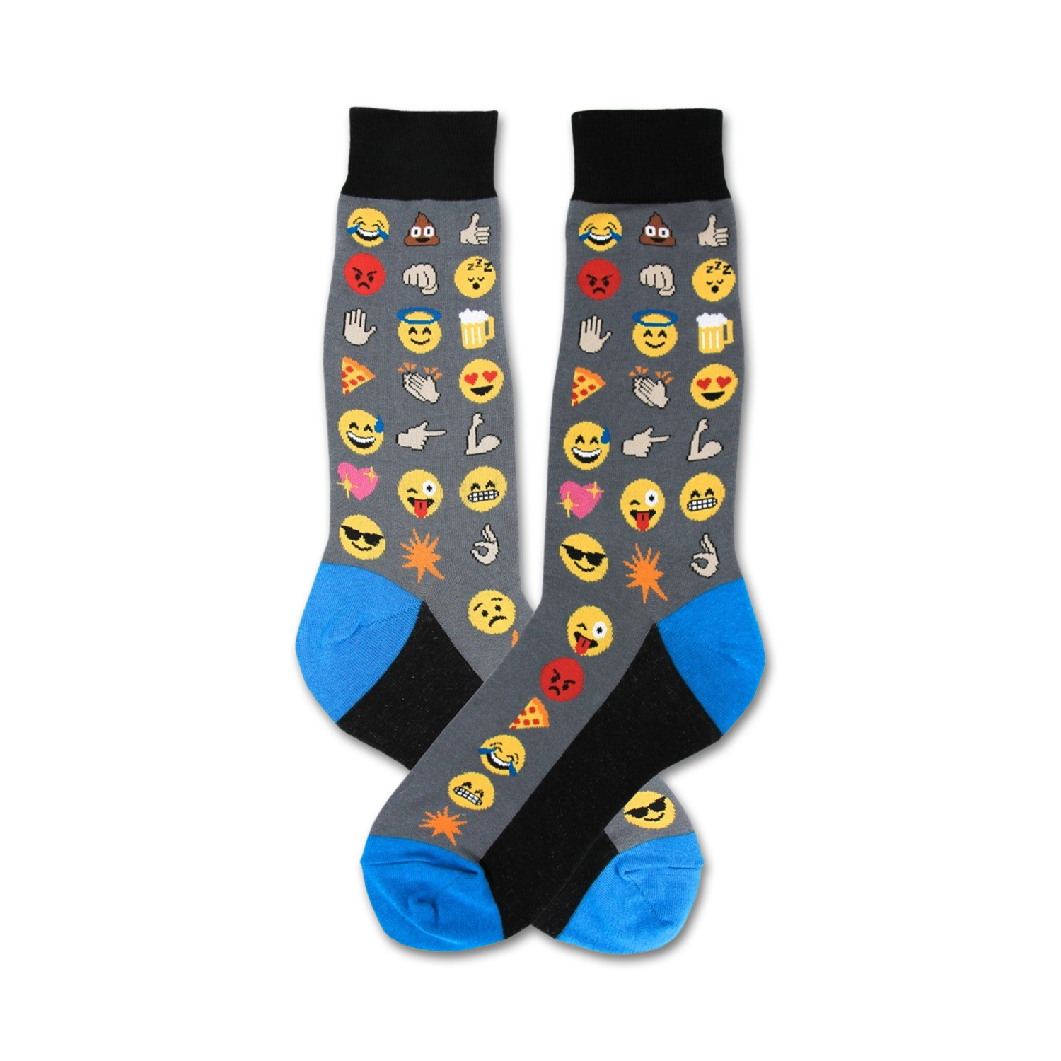 A pair of gray crew socks with colorful emoji designs.  The socks feature blue and black accents.