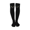 Pair of black knee-high socks with embroidered black cat faces featuring yellow eyes and pink noses.
