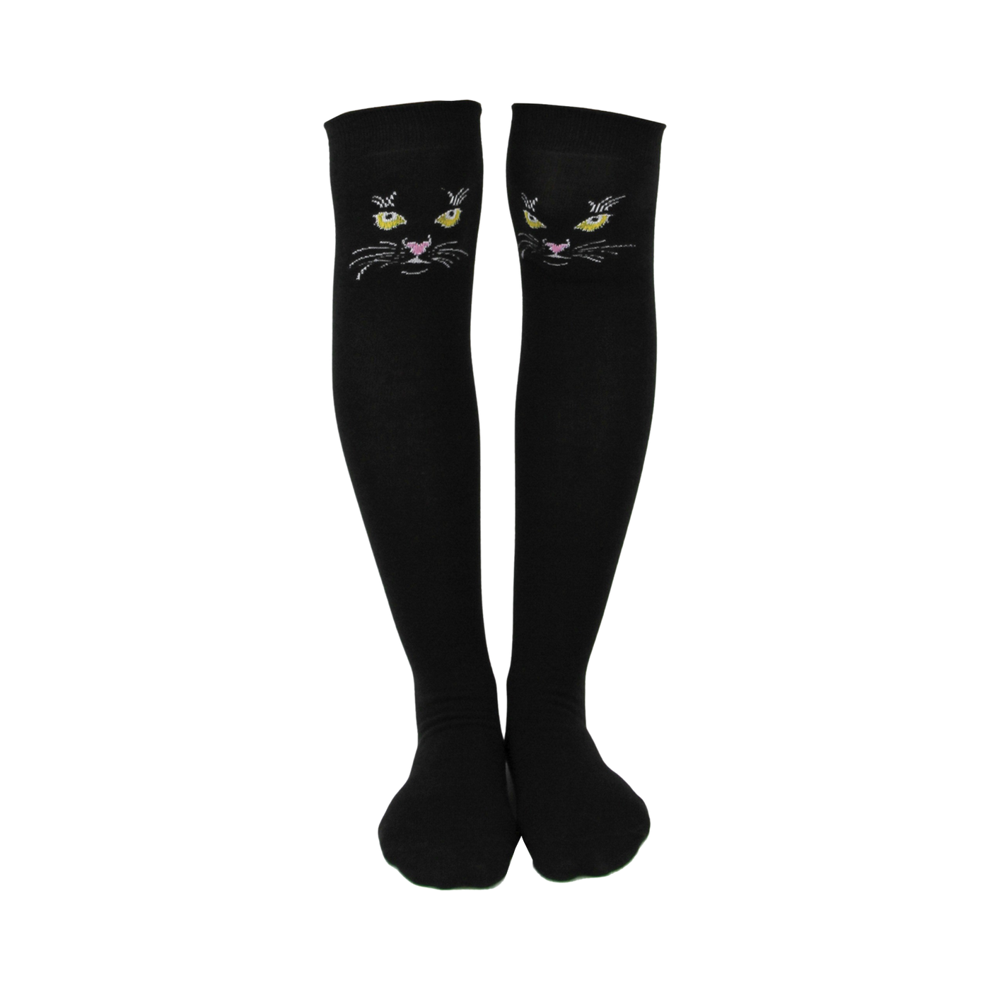 Pair of black knee-high socks with embroidered black cat faces featuring yellow eyes and pink noses.