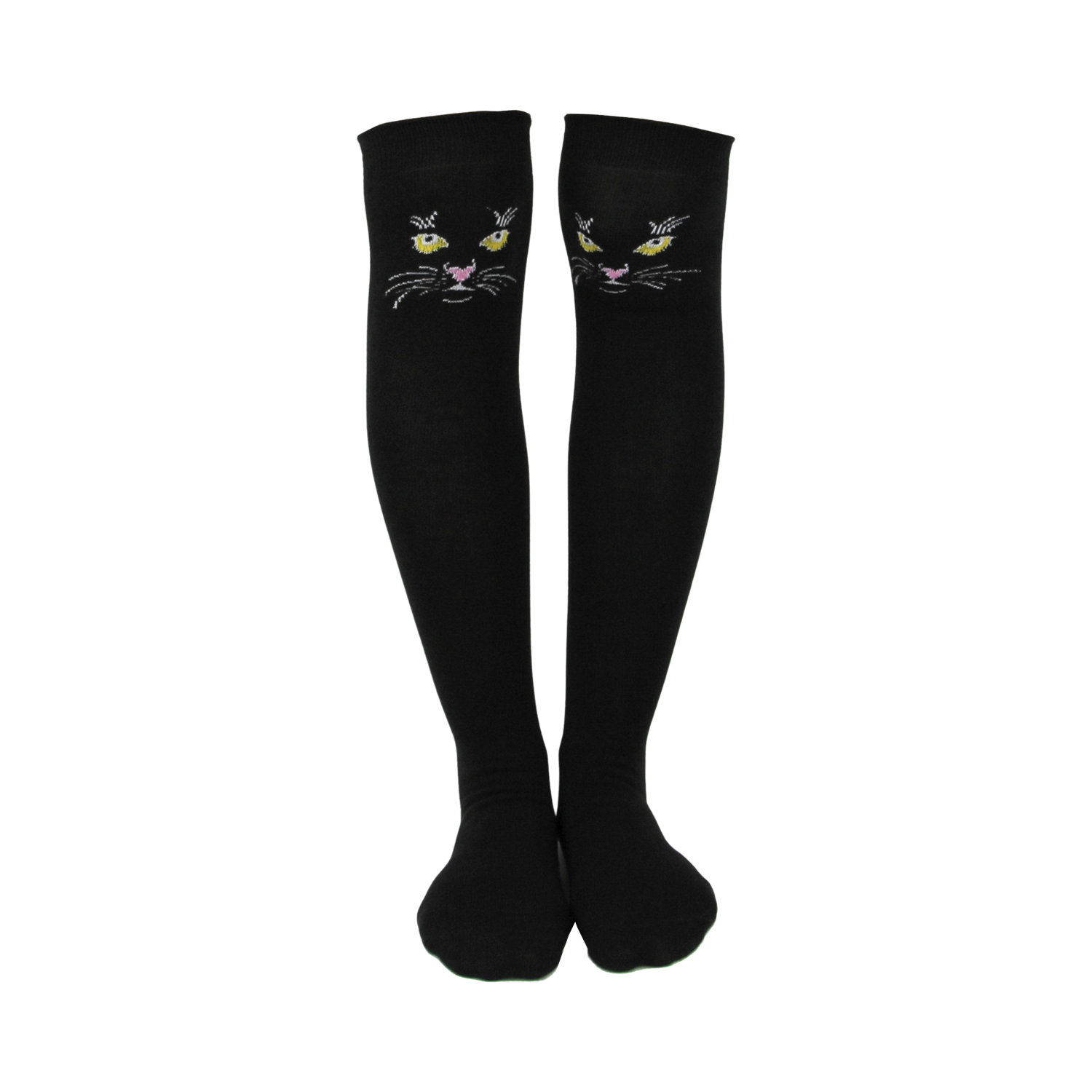 Pair of black knee-high socks with embroidered black cat faces featuring yellow eyes and pink noses.