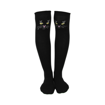 black cat themed over-the-knee socks with yellow eyes and white whiskers for women.  