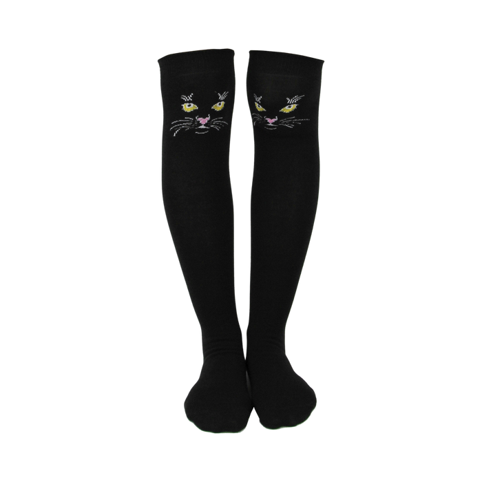 black cat themed over-the-knee socks with yellow eyes and white whiskers for women.   }}