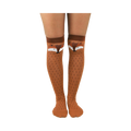 A pair of brown knee-high socks with cute fox faces on the calf area. The socks have a subtle textured pattern.