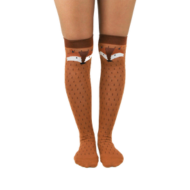 orange and white fox pattern knee high animal socks for women.   
