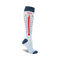 Knee-high socks in light blue and navy blue featuring a red thermometer design with Fahrenheit and Celsius scales.