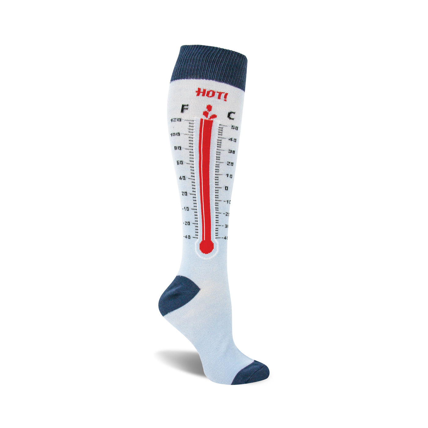 Knee-high socks in light blue and navy blue featuring a red thermometer design with Fahrenheit and Celsius scales.