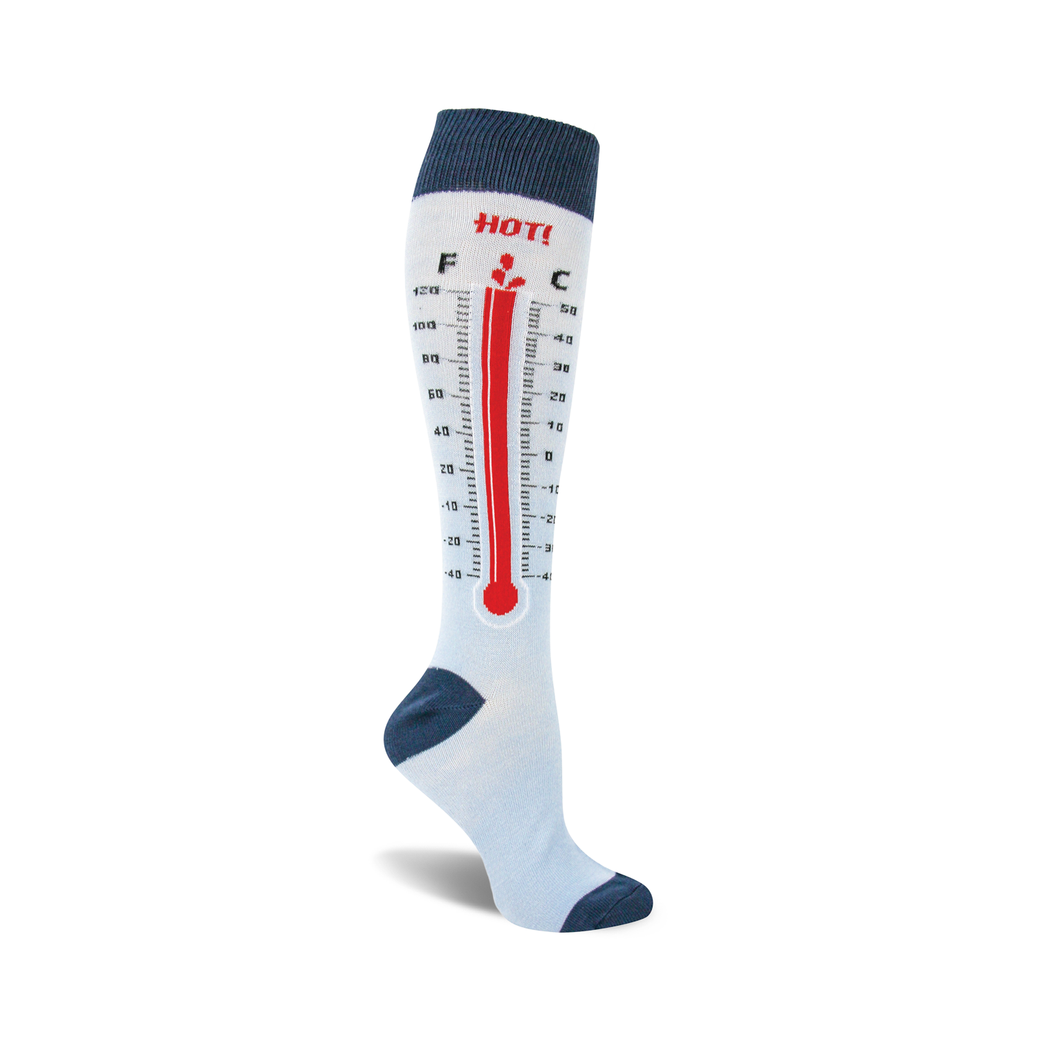 Knee-high socks in light blue and navy blue featuring a red thermometer design with Fahrenheit and Celsius scales.