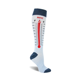 white knee-high socks with red thermometer pattern, reading "hot!", ranging from -40 to 120 degrees. perfect for women who love medical-themed fashion.  
