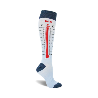 white knee-high socks with red thermometer pattern, reading "hot!", ranging from -40 to 120 degrees. perfect for women who love medical-themed fashion.  