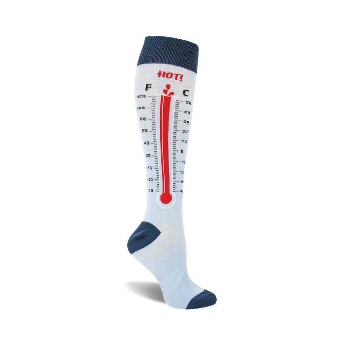 white knee-high socks with red thermometer pattern, reading 