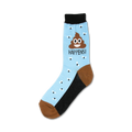 Crew socks in light blue with a smiling poop emoji and 'Poop Happens!' text.  Brown heel and toe with small fly accents.