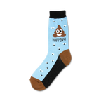 Crew socks in light blue with a smiling poop emoji and 'Poop Happens!' text.  Brown heel and toe with small fly accents.