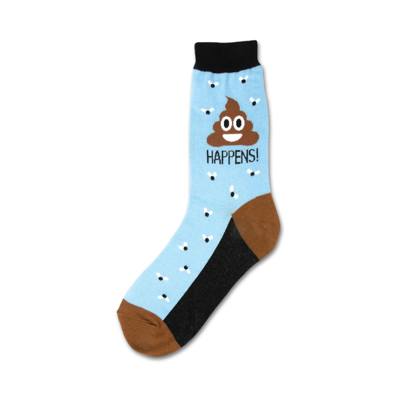Crew socks in light blue with a smiling poop emoji and 'Poop Happens!' text.  Brown heel and toe with small fly accents.