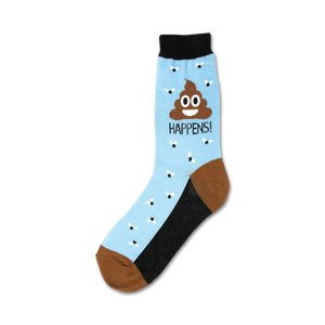blue crew socks with a smiling poop emoji, text that says 