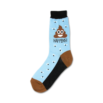 blue crew socks with a smiling poop emoji, text that says "it happens!", and black flies.  