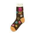 Brown crew socks with colorful donuts and sprinkles. Text reads, "Donut Judge Me!"