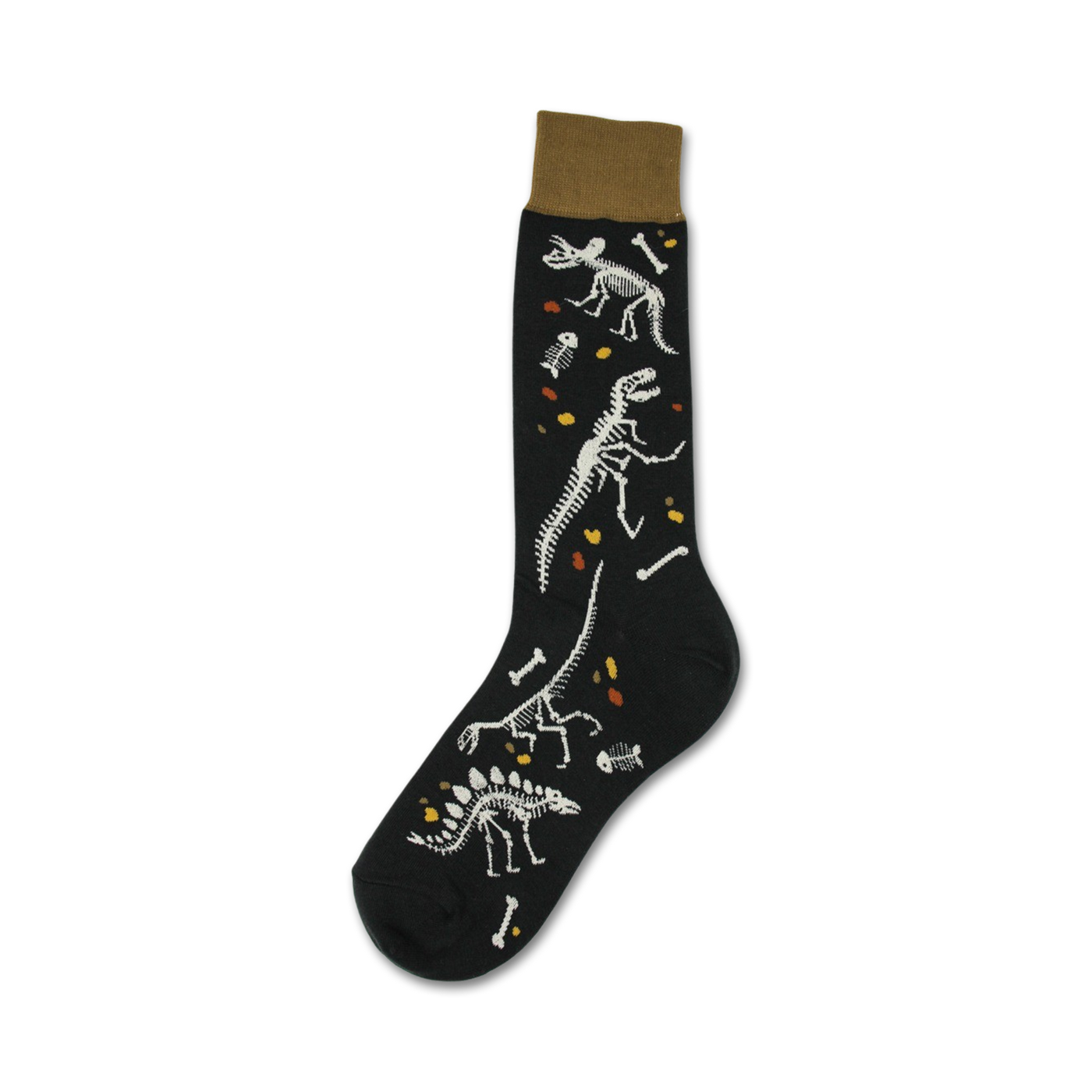 Crew socks in dark gray featuring white dinosaur skeletons, small orange and brown accents, and a tan cuff.