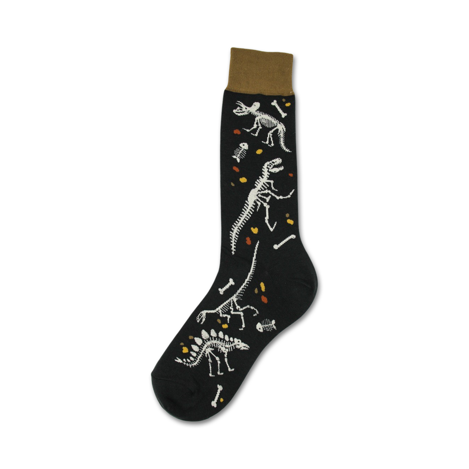 Crew socks in dark gray featuring white dinosaur skeletons, small orange and brown accents, and a tan cuff.