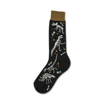 crew length men's socks with black background and white and brown dinosaur fossil pattern.  