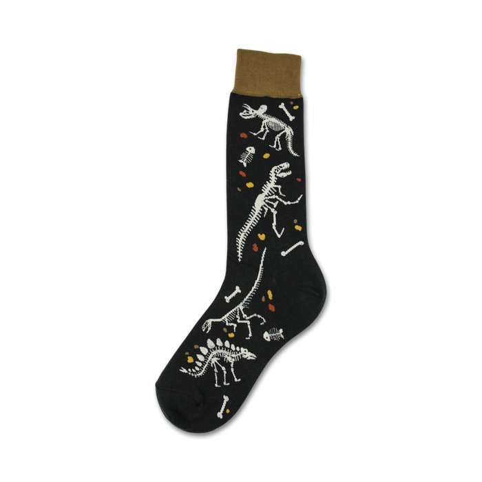 crew length men's socks with black background and white and brown dinosaur fossil pattern.   }}