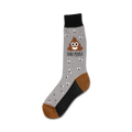 Crew socks in grey, brown, and black featuring a smiling poop emoji, flies, and the text 'POOP HAPPENS!'