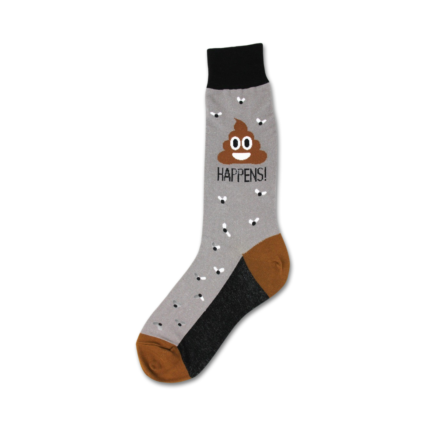 Crew socks in grey, brown, and black featuring a smiling poop emoji, flies, and the text 'POOP HAPPENS!'