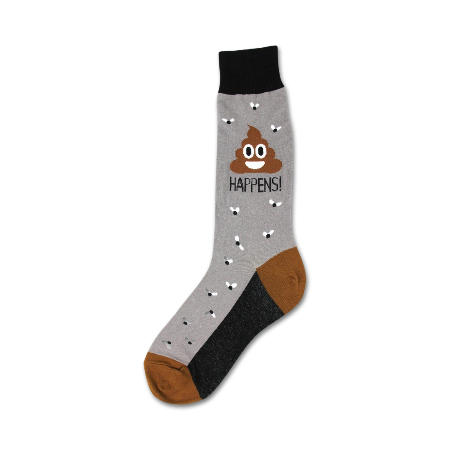Crew socks in grey, brown, and black featuring a smiling poop emoji, flies, and the text 'POOP HAPPENS!'