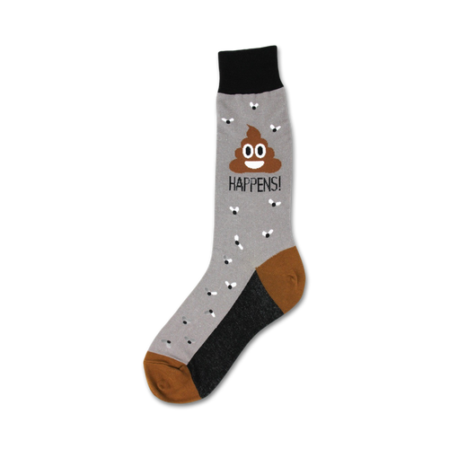 Crew socks in grey, brown, and black featuring a smiling poop emoji, flies, and the text 'POOP HAPPENS!'