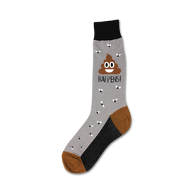 mens funny crew socks with a brown poop emoji and black flies.  
