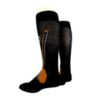 Pair of black knee-high socks with a violin and musical notes design; back view.