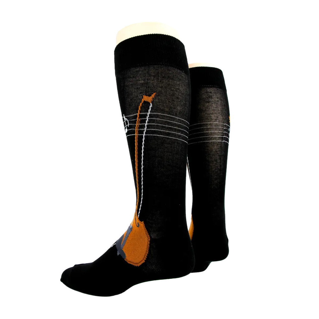 Pair of black knee-high socks with a violin and musical notes design; back view.