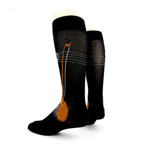 Pair of black knee-high socks with a violin and musical notes design; back view.