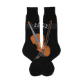 Pair of black knee-high socks with a brown violin and musical notes design. 