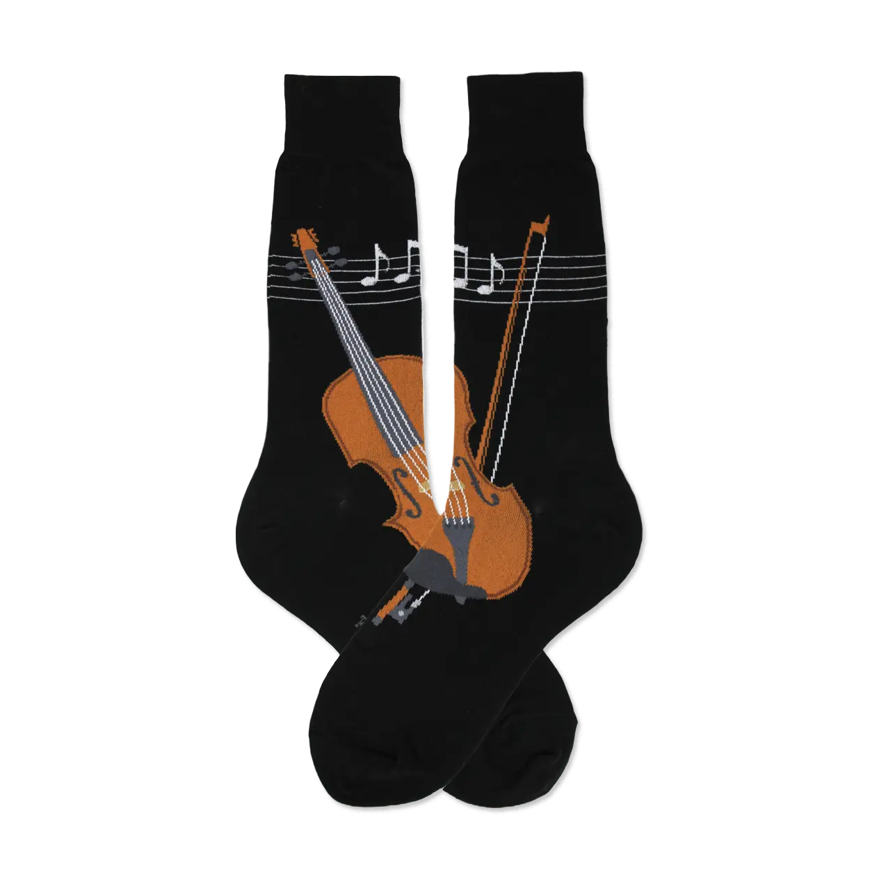 Pair of black knee-high socks with a brown violin and musical notes design. 