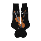 Pair of black knee-high socks with a brown violin and musical notes design. 