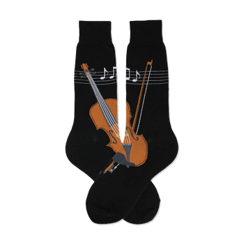 Pair of black knee-high socks with a brown violin and musical notes design. 