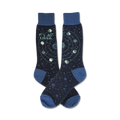 Pair of navy blue crew socks with a celestial design.  Features a repeating pattern of planets orbiting a star, and the text 'It's Just A Phase'.
