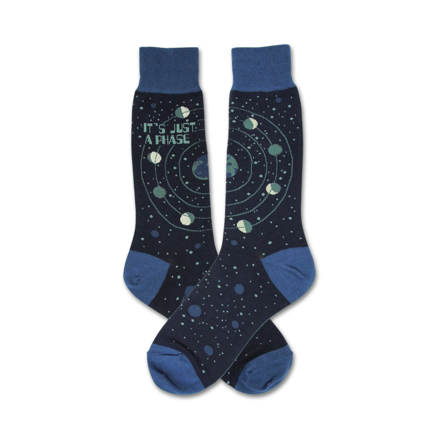 Pair of navy blue crew socks with a celestial design.  Features a repeating pattern of planets orbiting a star, and the text 'It's Just A Phase'.