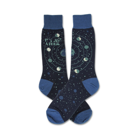 men's novelty socks with solar system print and "it's just a phase" lettering. perfect for space enthusiasts and those who appreciate playful fashion.   