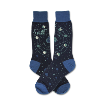 it's just a phase moon themed mens blue novelty crew socks