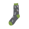 Crew sock with light gray koalas on branches over a dark heather gray background, featuring bright green toe, heel, and cuff.
