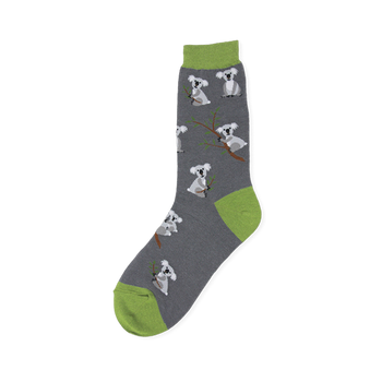 Crew sock with light gray koalas on branches over a dark heather gray background, featuring bright green toe, heel, and cuff.